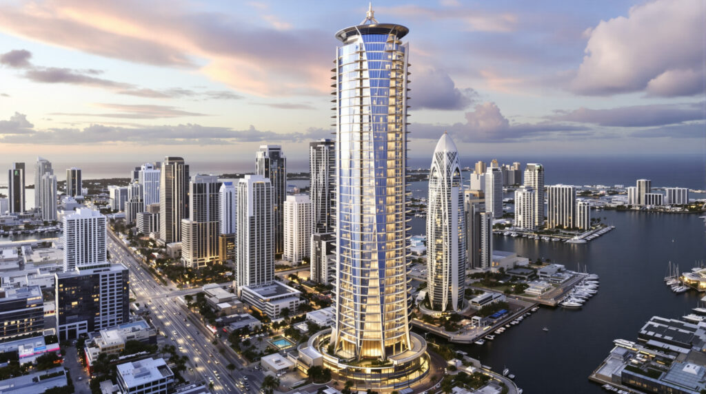 Stunning architectural rendering of the Casa Bella Residences tower against the Miami skyline
