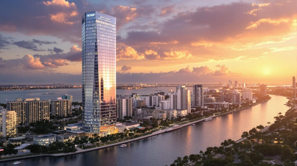 A shimmering glass skyscraper reflecting the sunset over the Miami River, representing Baccarat Residences