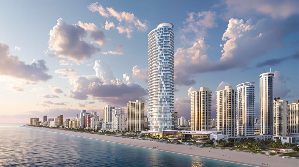 A stunning architectural rendering of the cylindrical Bentley Residences tower against the Sunny Isles Beach skyline