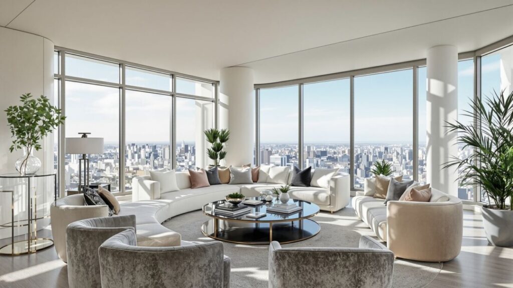 Luxurious penthouse living room with city views and elegant decor.