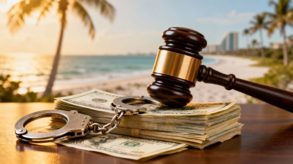 Gavel hitting money with handcuffs, Florida backdrop.