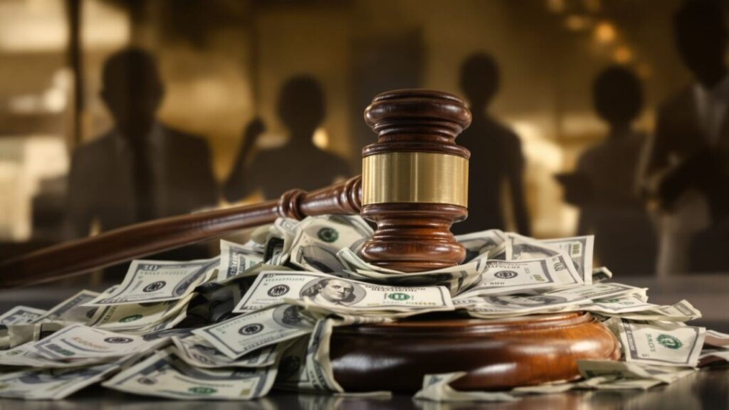 Gavel hitting money pile, shadowy figures, real estate scrutiny.