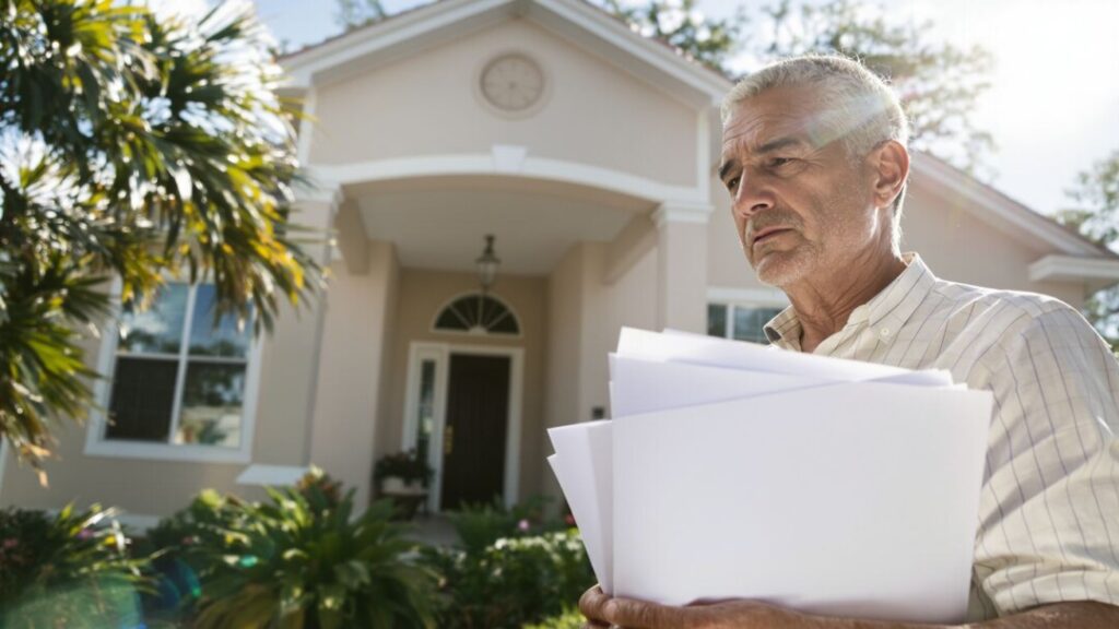 Florida homeowner with legal papers outside house.