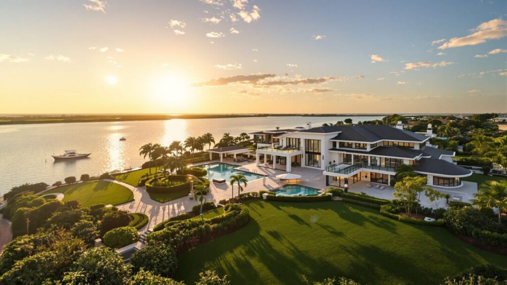 Luxury waterfront mansion with lush landscaping under golden sunlight.