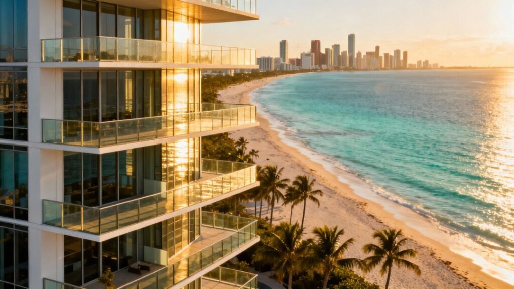 Luxury Miami skyscraper on a sunny beach.