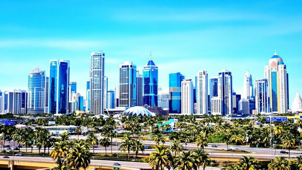 Florida skyscrapers and busy highway under sunny sky.