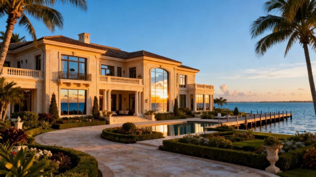 Luxury mansion on waterfront with palm trees.