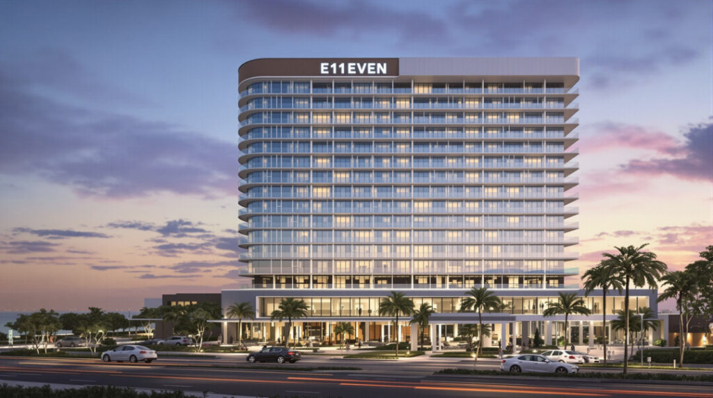 Sleek, modern architectural rendering of E11EVEN Hotel & Residences Miami at dusk