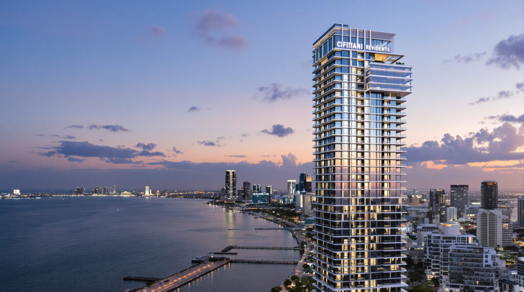 A stunning architectural rendering of the Cipriani Residences Miami tower against the city skyline at dusk