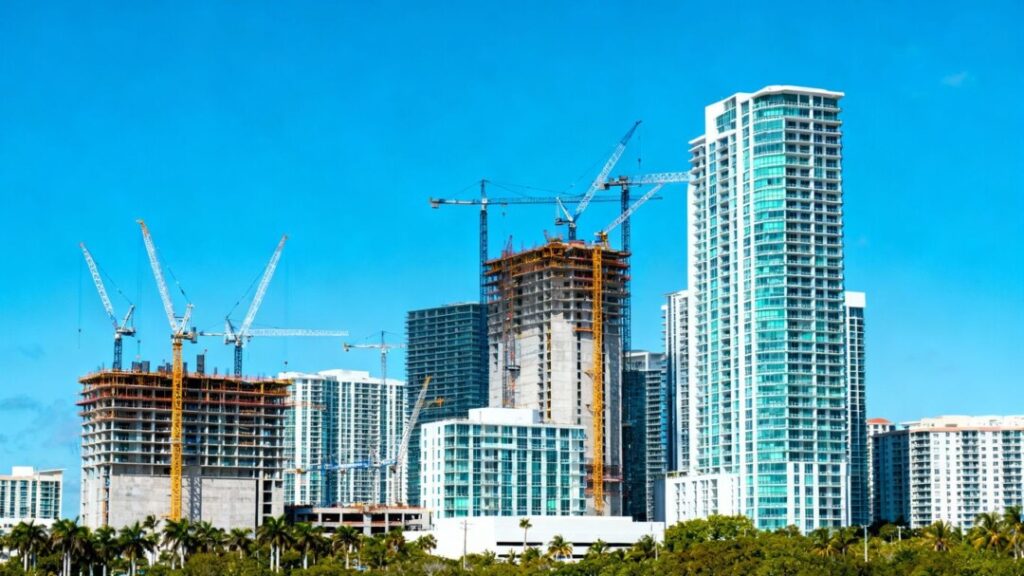 Broward County skyline with construction cranes and new buildings.