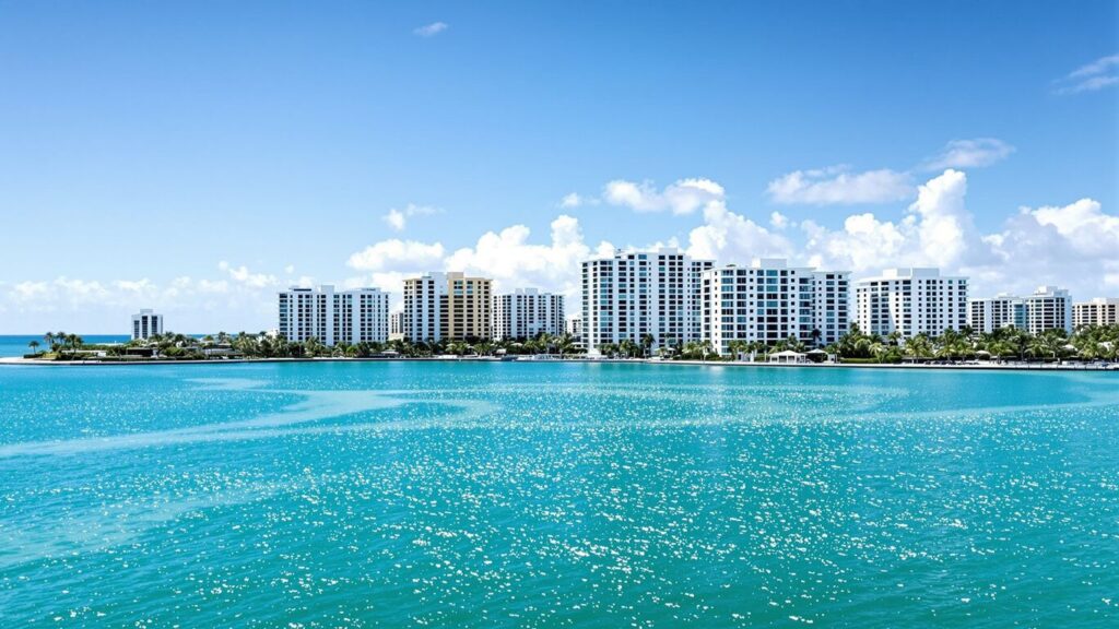 Fort Lauderdale skyline with water and palm trees.