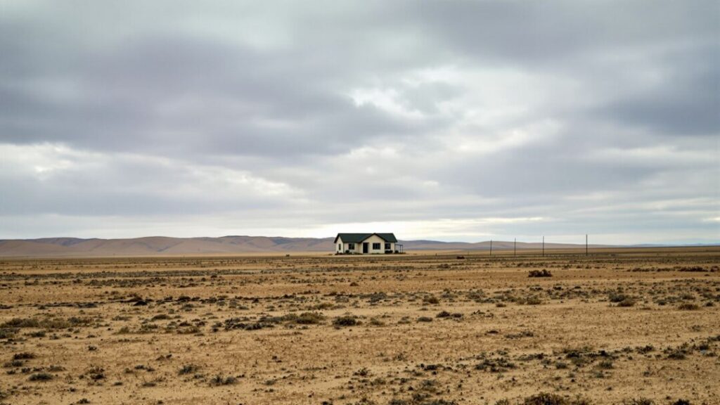 Desolate house under a cloudy sky, market challenges.