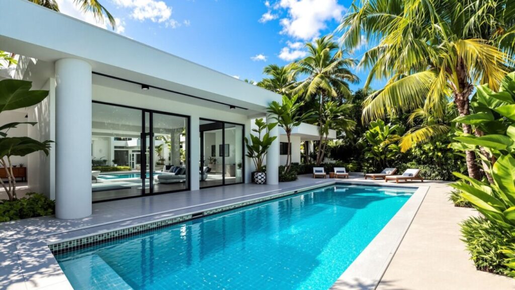 Luxurious Miami home with pool and tropical landscaping.