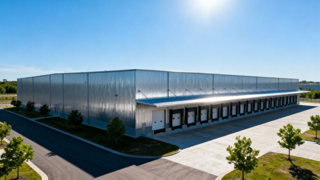 Industrial warehouse building with loading bays.