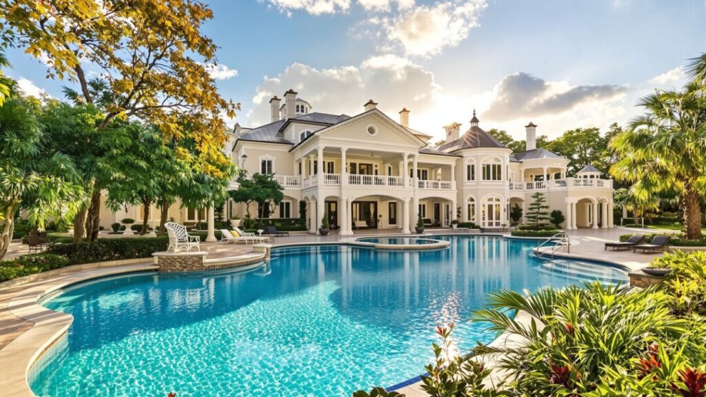 Luxury Florida mansion with pool and landscaping.