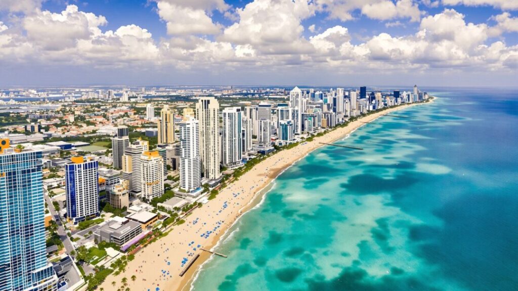 Miami skyline with beaches and ocean.