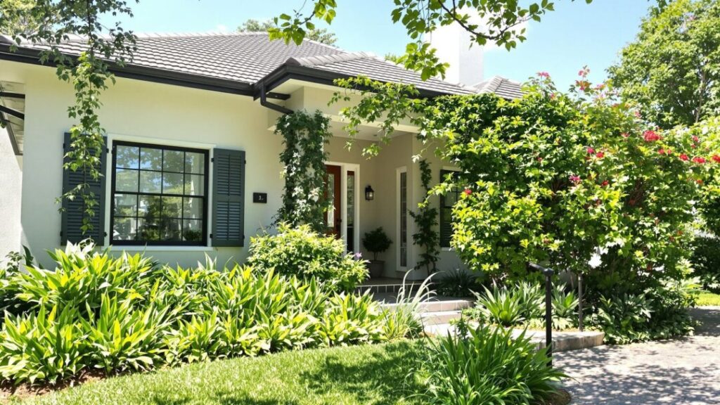 Well-maintained house with green landscaping under sunlight.