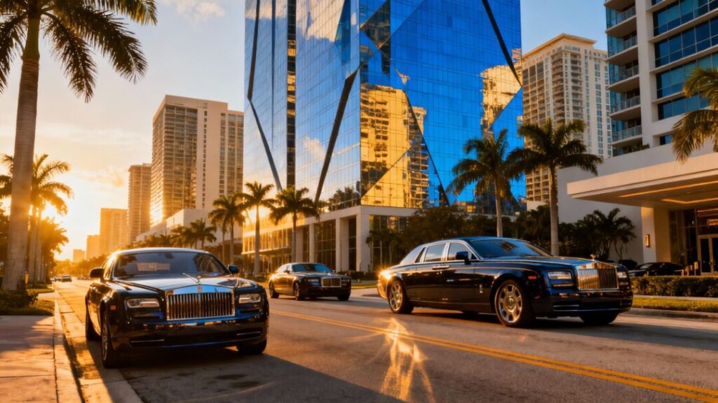 West Palm Beach skyline with luxury cars.