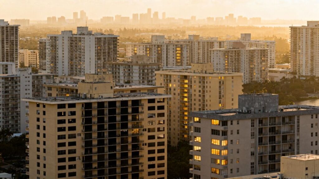 Miami skyline with many vacant apartment buildings.