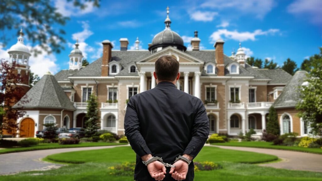 Man in handcuffs outside a mansion.
