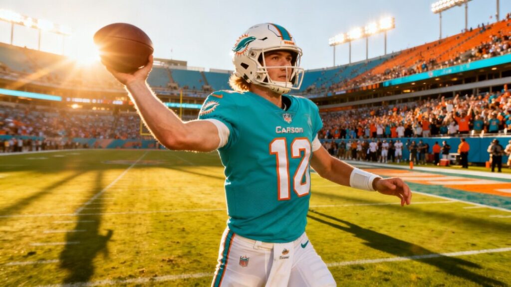 Carson Beck throwing a football on a sunny field.