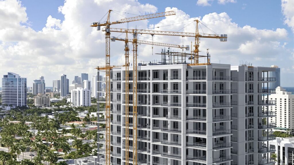 Modern apartments under construction with Miami skyline and palm trees