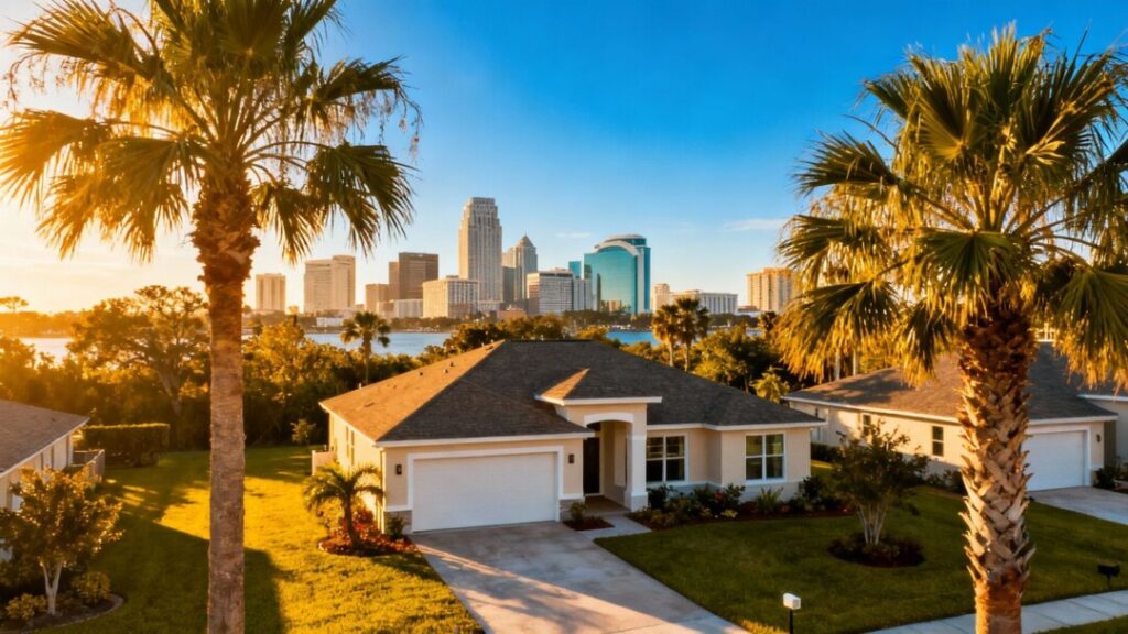 Tampa skyline and house with palm trees.