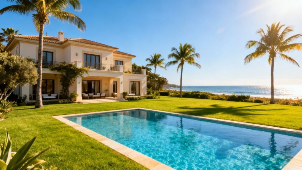 Luxury coastal villa with palm trees and pool.