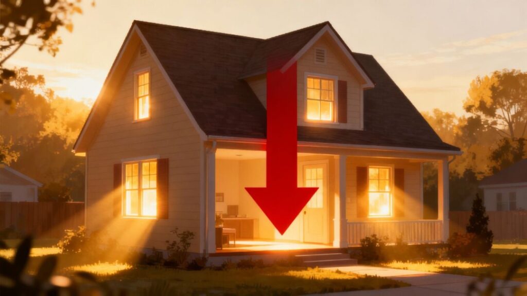 House with downward arrow, symbolizing lower mortgage rates.