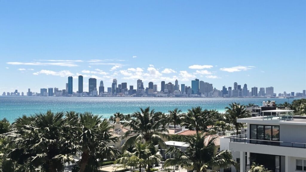 Miami skyline with palm trees and Airbnb property.