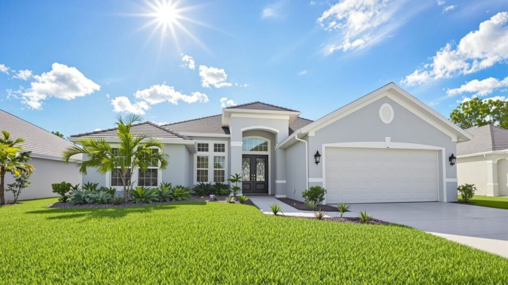 Orlando home with green lawn and welcoming front door.