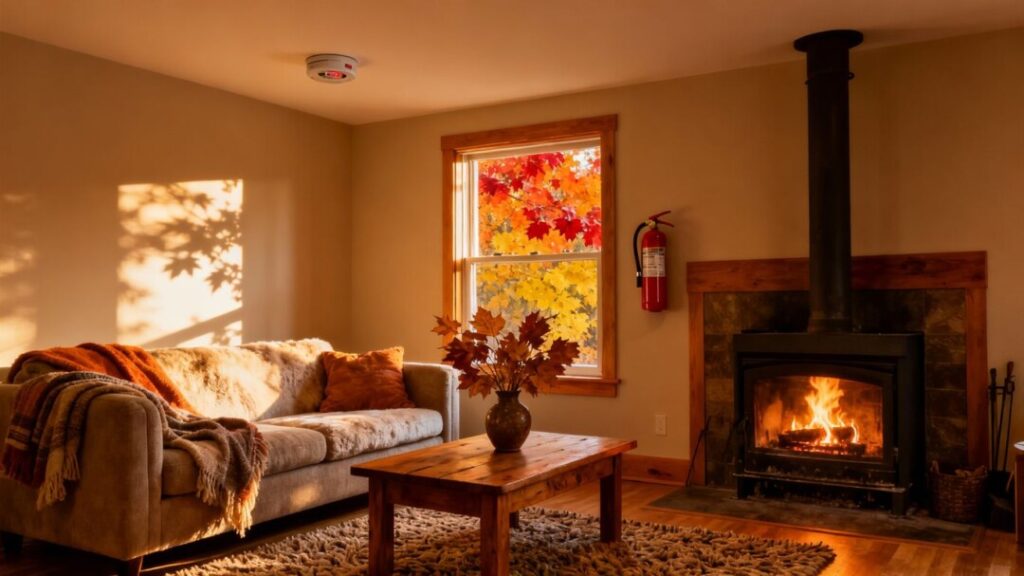 Home fire safety equipment and cozy autumn living room.