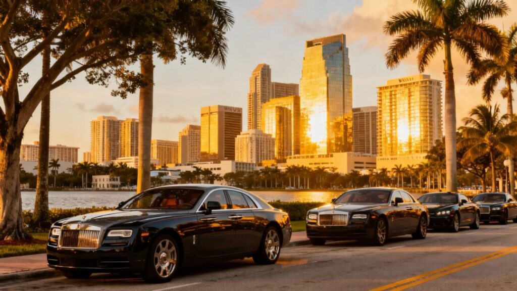 West Palm Beach skyline with luxury cars.