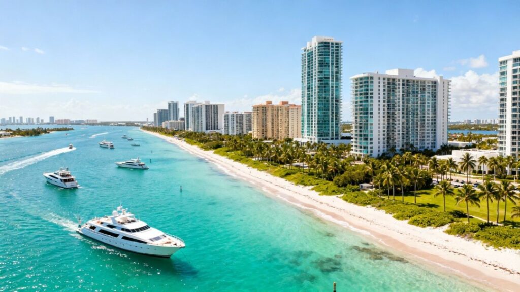 Florida coastline with buildings and yachts.