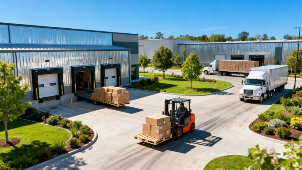 Broward County industrial park with warehouses and trucks.
