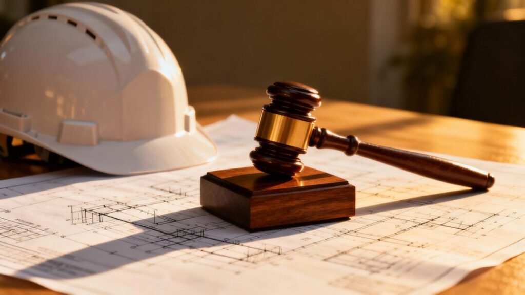 Gavel striking block, blueprint, hard hat, sunlight.