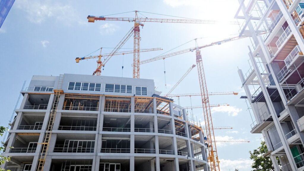 Building construction progress in a sunny urban setting.