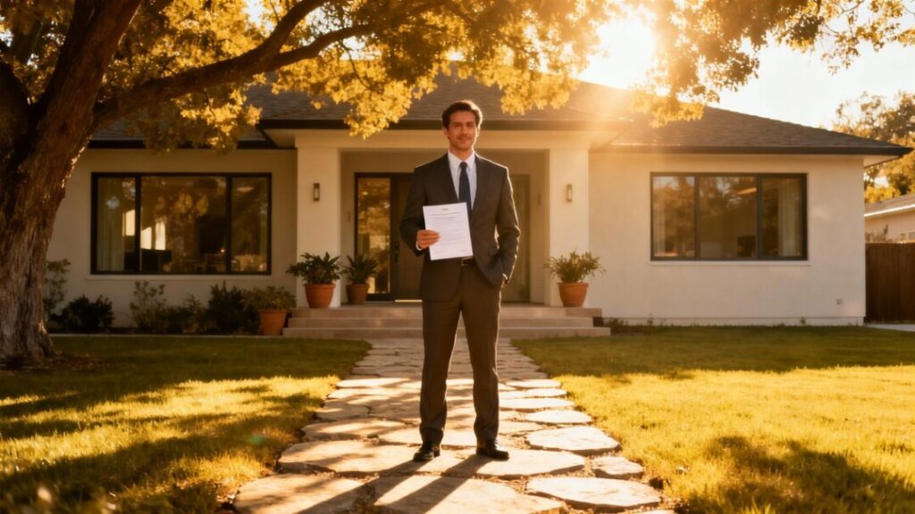 Realtor and house with trust document.