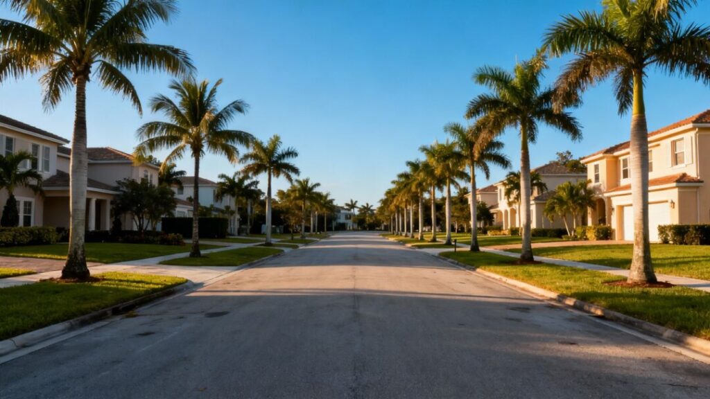 Doral, Florida street with homes and palm trees.