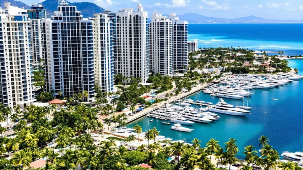 Florida coastline with modern buildings and yachts.