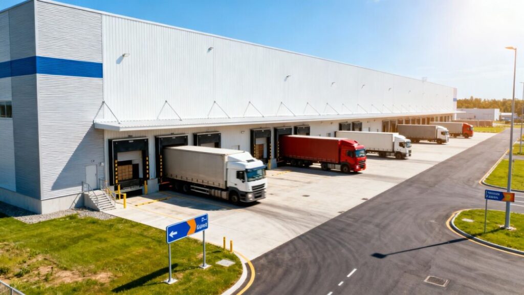 Broward County industrial park with active trucks and warehouses.