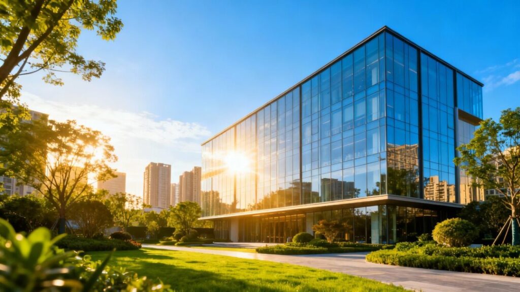 Modern building against a bright blue sky.