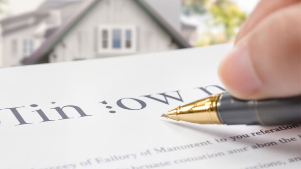 Real estate document signing with notary seal and house background.