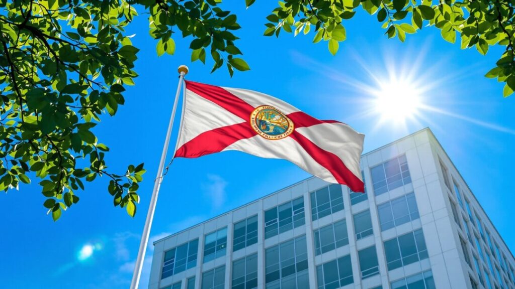 Florida state flag and office building with upward arrow.