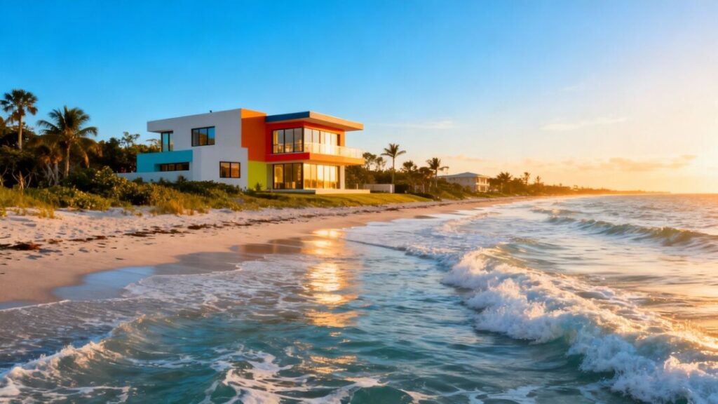Florida coast with house and ocean waves.