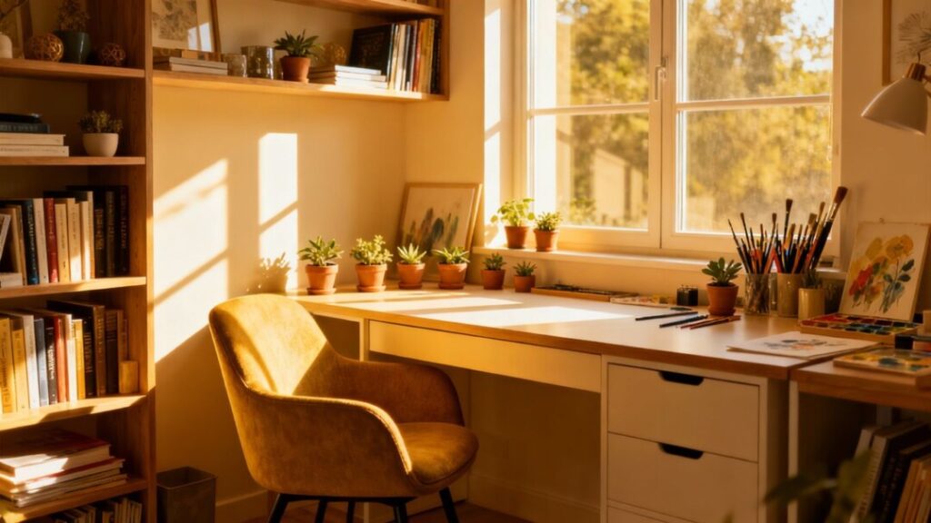 Creative study space with plants and books.