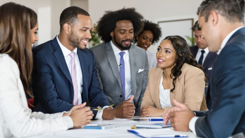 Real estate professionals in a meeting discussing projects.