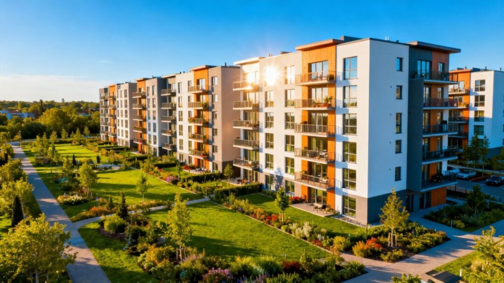 Modern apartment building with green landscaping under blue sky.