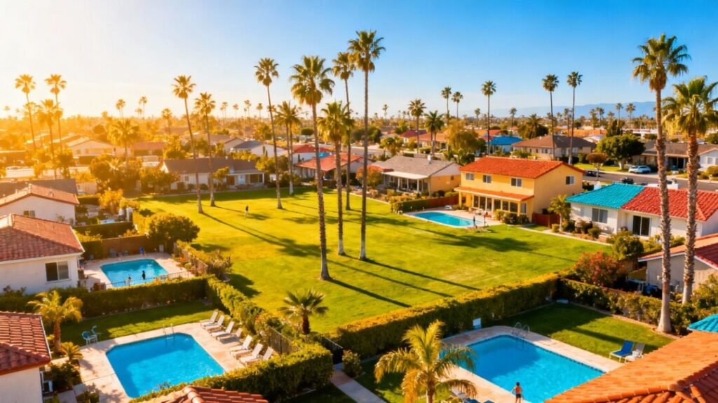 Florida 55+ community with pools and palm trees.