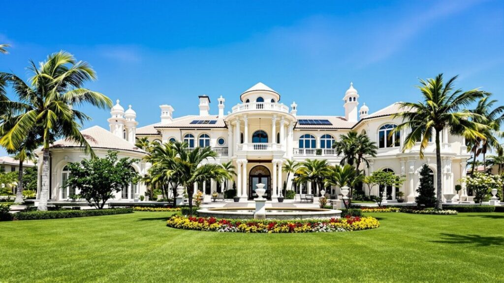 Luxurious Palm Beach mansion with manicured lawns.